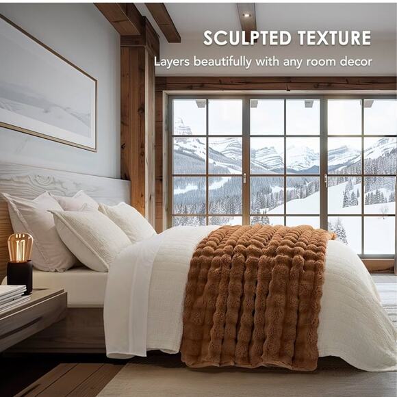 ๐ Luxe Soft Rabbit Fur Throw Blanket Faux Vegan Camel Colored Ridgeline Sculpt - Picture 4 of 4